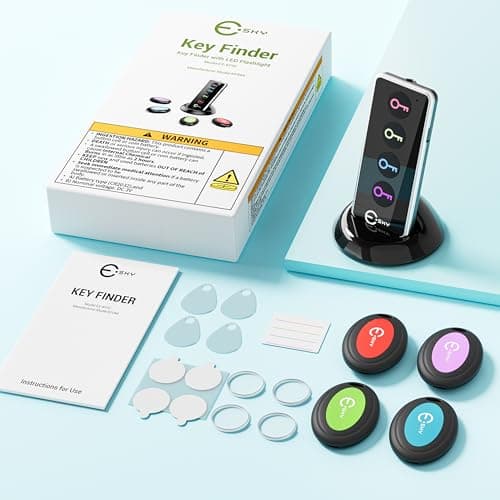 Esky Key Finder Locator with Sound, 80dB Item Trackers with 131ft Range Beeper Tags, Wireless Key Finders for Finding Keys Wallet Remote Control Pet Phone, 4 Receivers & Flashlight 9
