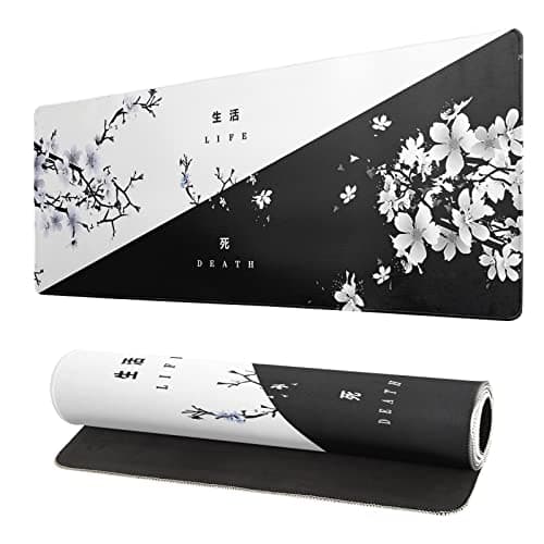 Black and White Japanese Cherry Blossom Gaming Mouse Pad Sakura Death Life Flower Mat 31.5x11.8 Inch Texture Non-Slip Rubber Base Mousepad Stitched Edges Keyboard Desk Pad for Office Home Game