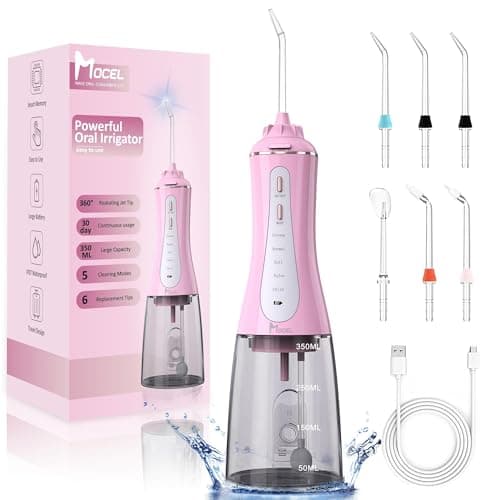 MOCEL Water Dental Flosser for Teeth - 350ML Large Tank 5 Modes & 6 Tips Cordless, Oral Irrigator Waterproof, Portable Teeth Cleaning and Flossing with Effective Plaque Remover for Adults (Pink)