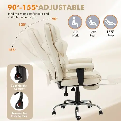 HOMREST 6-Point Massage Executive Chair,Heat Office Chair,Ergonomic Home Office Desk Chairs with Retractable Footrest and Reclining Function,Leather Computer Chair with Adjustable Armrest(‌Off White) 5