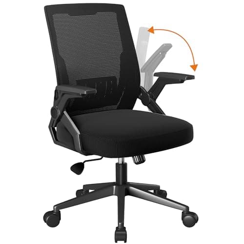 COMHOMA Office Chair with Flip-up Armrests Ergonomic Computer Desk Chair Foldable Mesh Task Chair with Wheels Adaptive Lumbar Support Swivel Tilt Comfortable Study Chair, Black (Seat Depth 20")