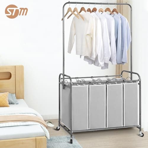 STORAGE MANIAC Laundry Sorter with Hanging Bar, Portable, Removable Laundry Hamper Cart with Heavy Duty Rolling Lockable Wheels and Removable Bags, Rolling Laundry Basket Organizer 181L, 4 Section 9