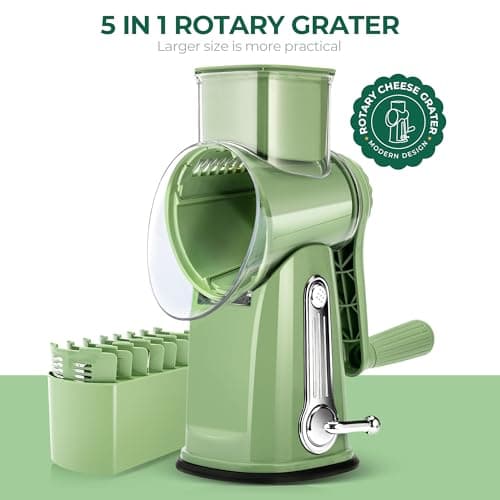 SUSTEAS Rotary Cheese Grater with Handle - Vegetable Shredder with 5 Well-designed Blades & Strong Suction Base,Round Mandoline Slicer & Food Chopper for Kitchen,with Blade Storage Box(Retro Green) 8