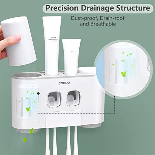 Toothbrush Holders with Toothpaste Dispenser Wall Mounted for Bathroom-4 Cups Automatic Electric Tooth Pastetooth Squeezer-Bathroom Organizer Storage Accessories Set for Kids with 5 Toothbrush Slots 7