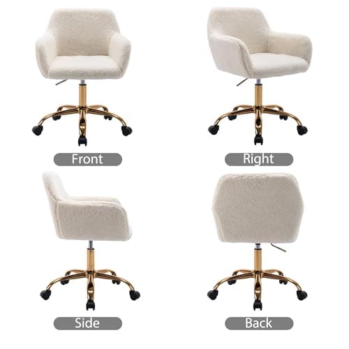 KCC Faux Fur Office Desk Chair, Comfy Swivel Armchair with Wheels, Upholstered Fuzzy Vanity Chair, Adjustable Height, White 7