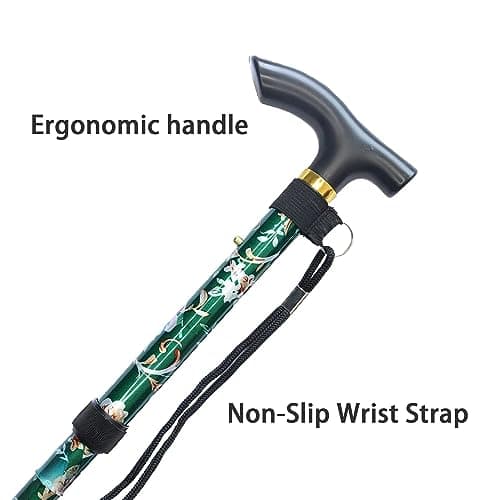 CLOKTA Folding Cane, 5-Level Adjustable Height Lightweight Portable Foldable Walking Canes with Wrist Strap and T Handle for Men Women Seniors (Floral Green) 5
