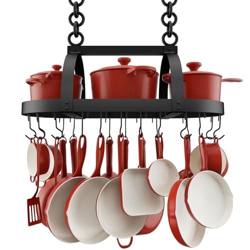 KES Ceiling Pot Rack 34-Inch Hanging Pot Rack for Kitchen Oval Pot and Pan Rack Matte Black Pot Hanger with 20 S Hooks (For 16" and 24" Joist), KUR221S85-BK
