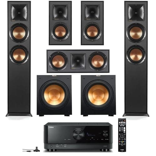Klipsch Reference 5.2 Home Theater System, Bundle 2X R-625FA Floorstanding 2X R-12SW Subwoofer, R-52C Center, R-41M Bookshelf Speakers, and Yamaha RX-V6A 7.2-Channel AV Receiver