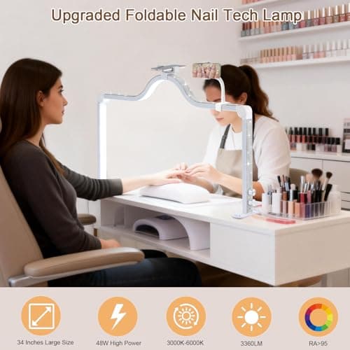 Afatnao Upgraded Nail Tech Lamp with Dual Phone Holder, 34 in Foldable Large Nail Light for Desk, 3 Modes 3000K-6000K LED Manicure Lamp, Half Moon Light for Lash Eyelash Extension, Tattoo, Eyebrows 3
