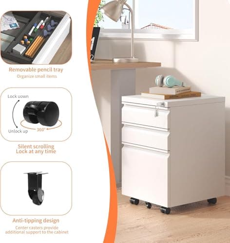 Guizeeopo 3 Drawer File Cabinet with Lock, File Cabinets for Home Office,Under Desk Cabinet, Locking File Cabinet for A4/Letter/Legal, Fully Assembled Expect Casters, Matte White 6