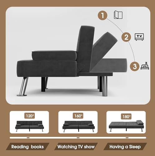 Shahoo Modern Linen Upholstered Convertible Folding Futon Sofa Bed with Removable Armrests, Metal Legs, 2 Cup Holders for Living Room, Black 5
