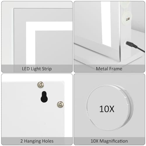 iCREAT Vanity Mirror with Light, Wall Mounted Hollywood Makeup Mirror with Dimmer, Tabletop Mirrors for Makeup, Touchscreen Control Mirror with USB Outlet, White 5