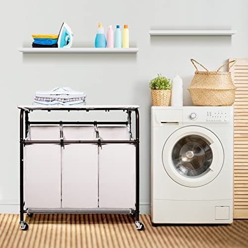 Ollieroo Classic Rolling Laundry Sorter Cart Heavy Duty 3 Bags Laundry Hamper Sorter with Ironing Board (Beige) 7