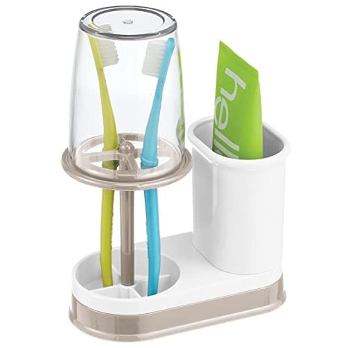 mDesign Plastic Toothpaste and Toothbrush Holder Center with Cup/Cover - Organizer for Bathroom Vanity Countertop - Holds Paste, Floss, Accessories - Hyde Collection - White/Satin
