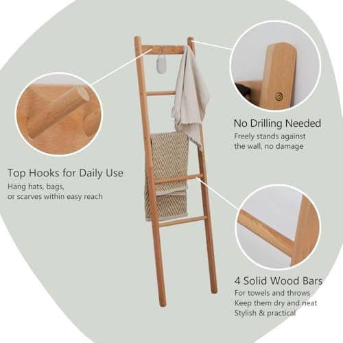Yaochuforest Beech Wood Blanket Ladder, 5.3ft Natural Farmhouse Quilt Holder with Top Hooks, 4-Bar Decorative Throw Rack, Towel Shelf for Living Room, Bedroom, Small Space Storage (Natural) 5