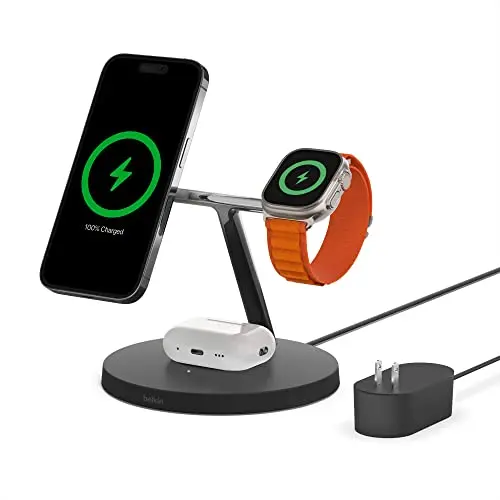 Belkin MagSafe Charger, 3-in-1 Wireless Charging Stand, 2ND GEN, 33% Faster for Apple Watch, iPhone 16, iPhone 15, iPhone 14 Series, AirPods - MagSafe Charging Station for Multiple Devices - Black