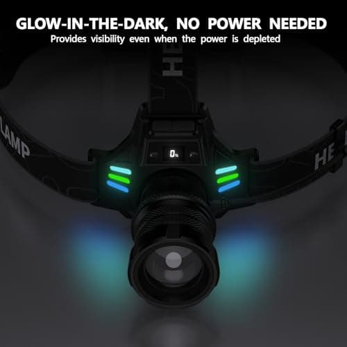 WWOAA Super Bright Headlamp Rechargeable 99000 High Lumens LED Head Lamp Battery Powered,12 Modes Waterproof Comfortable Headlight Zoomable Digital Display Headlamps for Hardhat Camping Hiking Fishing 8