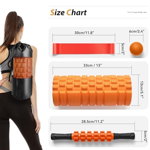 SUBCULTUREPICK 5-in-1 Foam Roller Set for Deep Tissue Muscle Massage, Trigger Point Fitness Tool with Muscle Stick Roller, Massage Ball, Stretching Strap for Whole Body (Orange-New) 7