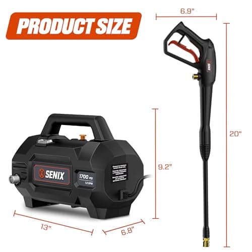 SENIX 13 Amp Electric Pressure Washer - 1700 PSI, 1.2 GPM, Compact with Foam Cannon, Spray Gun, 20-ft Hose, Turbo Nozzle, and 15° Spray Nozzles - Perfect for Cars and Driveways (HPWE13-L) 6