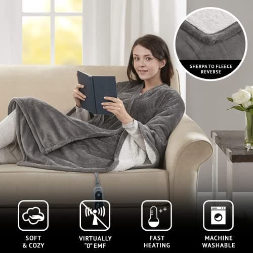 Beautyrest Wearable Electric Poncho Wrap Blanket, Ultra Soft Sherpa & Berber Fleece Heated Throw with Low EMF,UL Certified & OEKO-TEX,3 Heat Settings & 2 Hour Auto Shutoff, Gift-Ready, 50" x 64",Grey 6