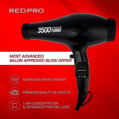 Red Pro Hair Dryer 3500W Turbo Titanium Blow Dryer with Detangler Comb, Fast Dry Smooth Hair, Multi Setting, Cool Shoot Button, Professional Salon Dryer 5