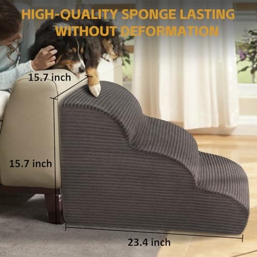 Curved Dog Stairs Ramp for Beds Couches and Chair, 15.7" H, 3-Step Dog Steps for Small Dogs, Pet Stairs for Cats with Non-Slip, Removable and Washable Cover,Balanced Pet Steps Indoor, Deep Grey 6