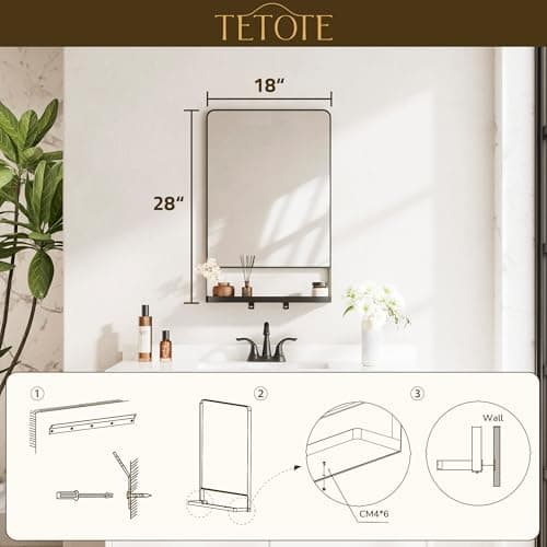TETOTE Black Metal Framed Vanity Mirror with Shelf for Wall, 18x28 Inch Rounded Rectangle Mirror for Wall, Matte Black Bathroom Vanity Mirror, Bathroom Mirror for Farmhouse, Living Room, Bedroom 7