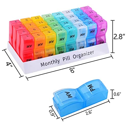 GREENCYCLE Monthly Pill Organizer 2 Times a Day, 30 Days Pill Box AM PM, 4 Week Pill Cases, One Month Pill Medicine Container Small Separate Compartments to Hold Vitamins, Fish Oil, Supplements 5