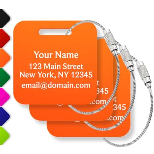 Custom Luggage Tags (3 or 6 Pack) - Personalized Unique Suitcase & Backpack Travel, Durable, Waterproof & Heavy Duty (Orange)