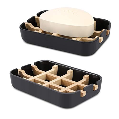 Fufengz Bamboo Wooden Soap Dishes for Shower with Drainage for Bathroom Bar Soap Holder Soap Holder Sink Deck Bathtub Shower Tray (One Pieces Black)