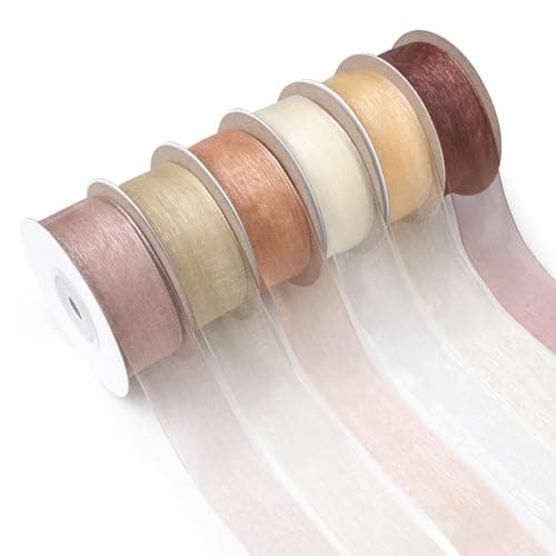 Mlurcu Sheer Ribbon Organza 1 Inch x 150Yd 6 Rolls Brown Sheer Chiffon Wedding Bouquet Christmas Tree Decor Bows DIY Crafts