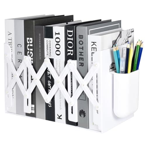 SAYEEC Adjustable Bookends with Pen Holder Expandable Book Ends for Heavy Books Plastic Desk Book Holder Stand Stopper Rack Magazine Binder Organizer for Shelves Bookcase Office School Home (White)