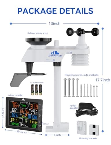 AIRAIN TECH 14-in-1 Wireless Weather Station with Outdoor Wireless Sensor,Radio-Controlled Clock,Rain Gauge,Wind Speed/Direction,Moon Phase,Wind Chill Index,Outdoor Dew Point,Barometer(NO WiFi) 9
