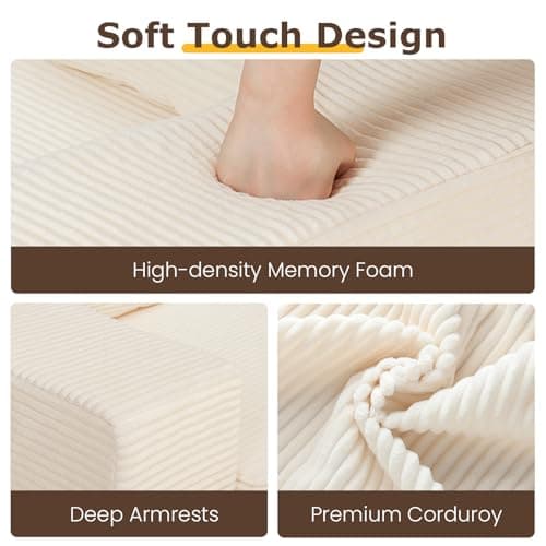 cidludto Convertible Sofa Bed, 3 in 1 Loveseat Folding Couch Bed Foldable - Chaise Lounge Chair & Floor Futon Sleeper, Corduroy Pull Out Sofa Bed with 4 Pillows for Living Room, Beige 5