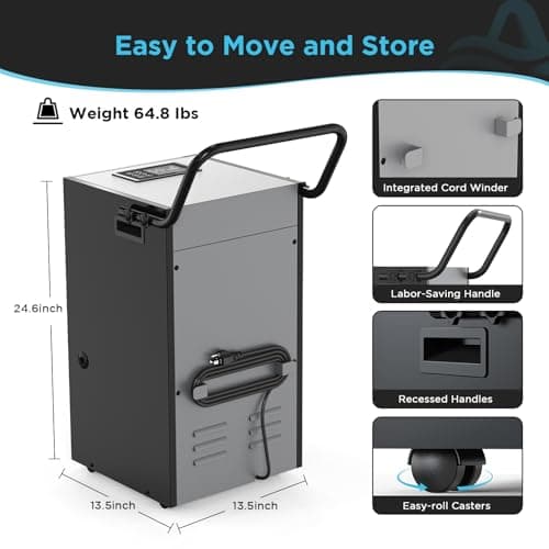 Airecoler 156 PPD Commercial Dehumidifier with Pump & Drain Hose for Basements & Large Rooms up to 7,000 Sq Ft, 5 Years Limited Warranty Industrial Dehumidifier with Wheels Heavy Duty Commercial-grade 7