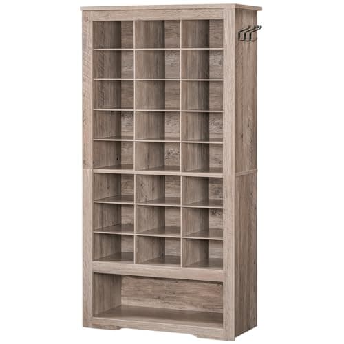 HOOBRO Tall Shoe Cabinet, 9 Tier Shoe Storage Cabinet, Freestanding Wooden Shoe Cabinet Organizer with 24 Cubbies and 3 Hooks, for Entryway, Closet, Living Room, Greige BG24SC01
