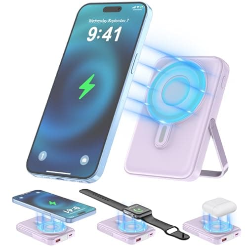 JYTIGV Wireless Portable Charger,3-in-1 Magnetic Power Bank 10000mAh with LED Display,22.5W Fast Charging Mag-Safe Battery Pack,Compatible with iPhone 15/14/13/12, Apple Watch Series, Airpods (Purple)