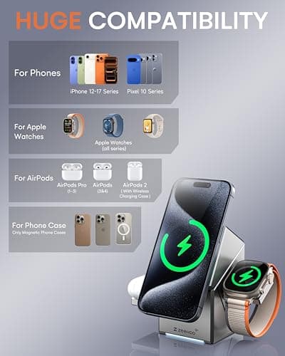 ZEEHOO 3 in 1 Charging Station for Apple, iPhone Mag-Safe Charger, Qi2 Certified, Rotating Wireless Charger Stand for iPhone 17,16,15,14,13,12 Series, Apple Watch, AirPods (USB-C Charger Included) 5