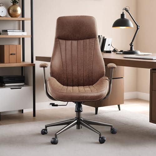 Mid Century Modren Office Chair - Suede Fuax Leather Dark Brown Executive Chairs Ergonomic High Back with Lumbar Support, Swivel Computer Desk Task Chair with Wheels for Home Office,350lbs