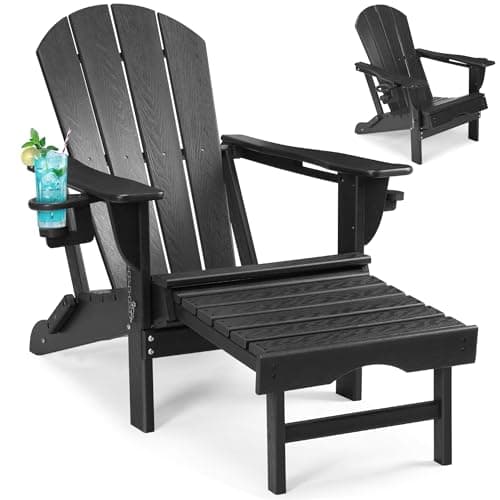 Rengue Folding Adirondack Chair with Retractable Ottoman, Patio Chair with Cup Holder, Wood Texture Fire Pit Chair, Heavy Duty HDPE Weather for Outdoor Lawn Porch Garden Backyard Deck