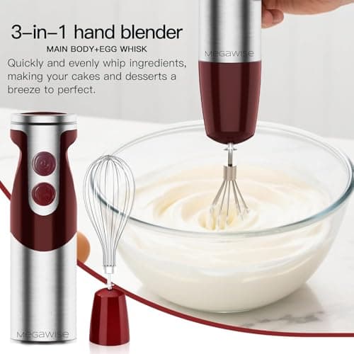 MegaWise Pro Titanium Reinforced 3-in-1 Immersion Corded Hand Blender, Powerful MOTOR with 80% Sharper Blades, 12-Speed Corded Blender, IncludingWhisk and Milk Frother (3-in 1 Red) 6
