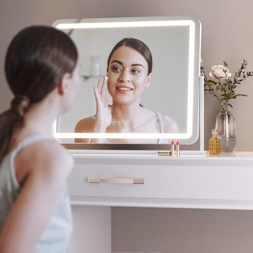 Hasipu Vanity Mirror with Lights, 22" x 18" LED Makeup Mirror, Light up Mirror with Smart Touch 3 Colors Dimmable, Brightness Adjustment, 360° Rotation (White) 7