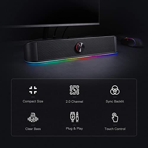 Redragon GS560 RGB Desktop Soundbar, 2.0 Channel Computer Speaker with Dynamic Lighting Bar Audio-Light Sync/Display, Touch-Control Backlit with Volume Knob, USB Powered w/ 3.5mm Cable, Black 6