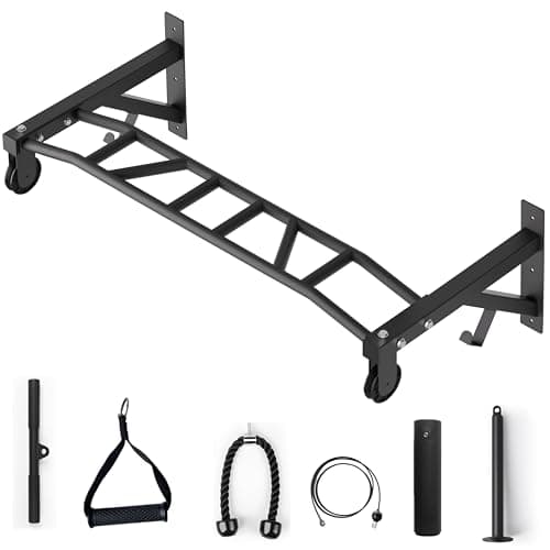 HWOOUSA Wall Mounted Pull Up Bar With Pulley System, 600lbs Heavy Duty Chin Up Bar, 48" Multi Grip Pullup Bar, for Garage Indoor Basement Workout Strength Training Equipment, Ease Of Use Mounting