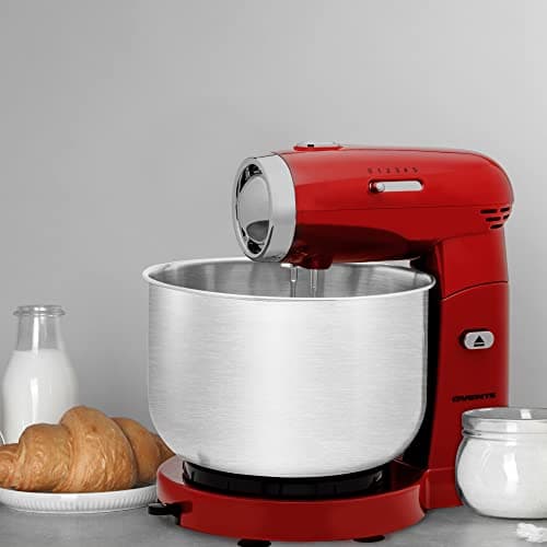 OVENTE Electric Stand Mixer with 3.5 Quarts Stainless Steel Mixing Bowl, 5 Speed Portable and Lightweight 250W Kitchen Mixer for Everyday Use, Includes 2 Egg Beater Whisk and Dough Hook, Red SM680R 5
