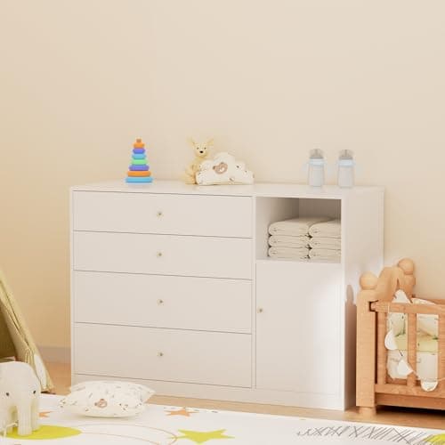 QUNTTINA Nursery Dresser Changing Table Dresser with Changing Table Top Baby Diaper Changing Station with 5 Drawers for Infants Chest Storage Changing Station Nursery Organizer,White 6