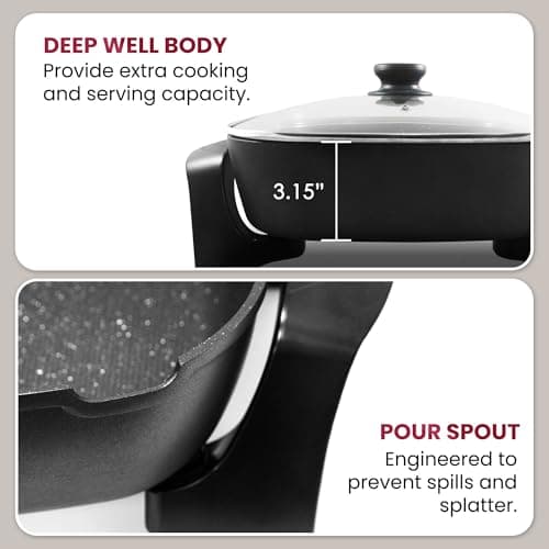 Elite Gourmet EG6201 Extra Deep 12"x12"x3.2" (7.5Qt.) Scratch Resistant Dishwasher Safe, Non-stick Electric Skillet with Glass Vented Lid, Adjustable Temperature, Black 5