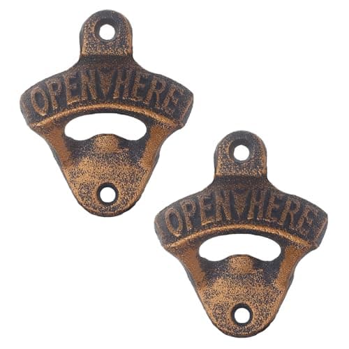 Jumiok Vintage Cast Iron Wall Mounted Beer Opener OPEN HERE Wall Hanging Bottle Cap Opener Antique Gold (Pack of 2)