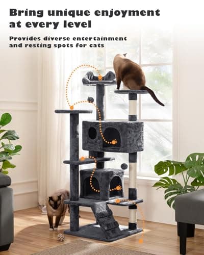 Yaheetech 54in Cat Tree, Multi-Level Cat Tower with Spacious Kitten-ear Perch, 2 Cozy Caves, Scratching Posts, Climbing Ladder, 2 Plush Balls, Durable Pet House Furniture for Indoor Kittens, Dark Gray 7