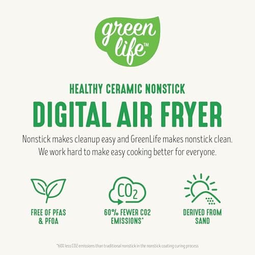 GreenLife Compact Electric Air Fryer Oven, 5.3 QT, PFAS-Free Ceramic Nonstick Drawer, 8 One Touch Digital Display, Easy View Window, Auto Shut-Off Timer, Dishwasher Safe Parts, 1500 Watts, Sage 8